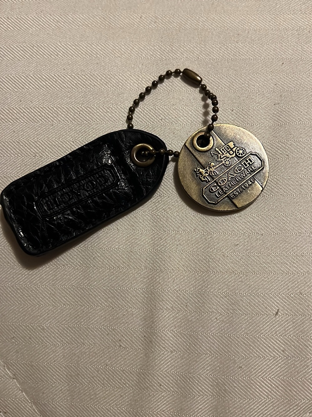 Coach Black Leather Tag Keychain with Brass Medallion
